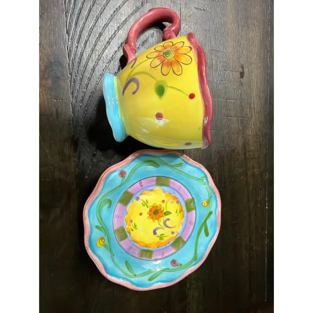 Certified International CIC Floral Cup Saucer Set Colorful Whimsical Ceramic